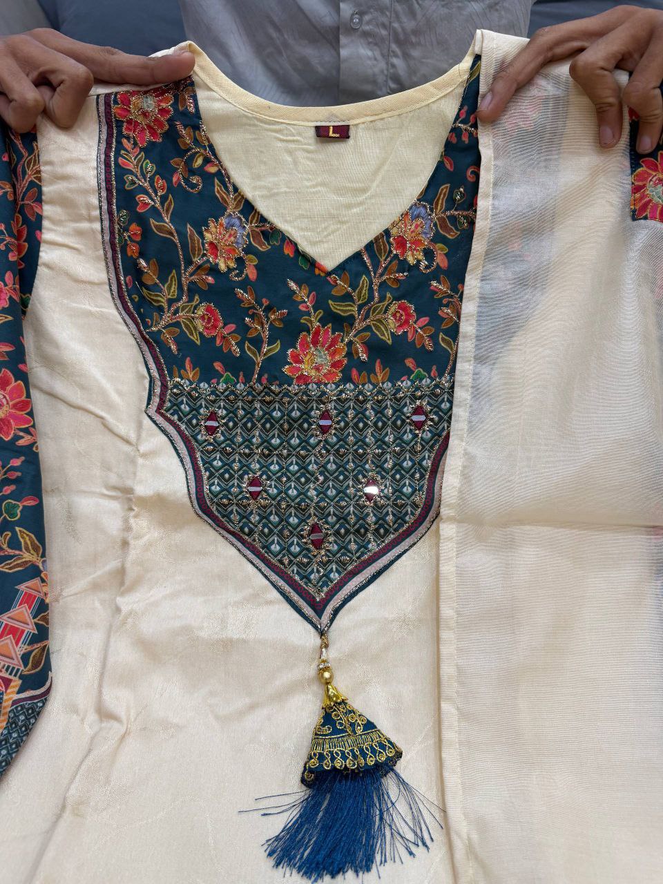 Ivory Pearl Banarasi Silk Set with Emerald Floral Appliqué