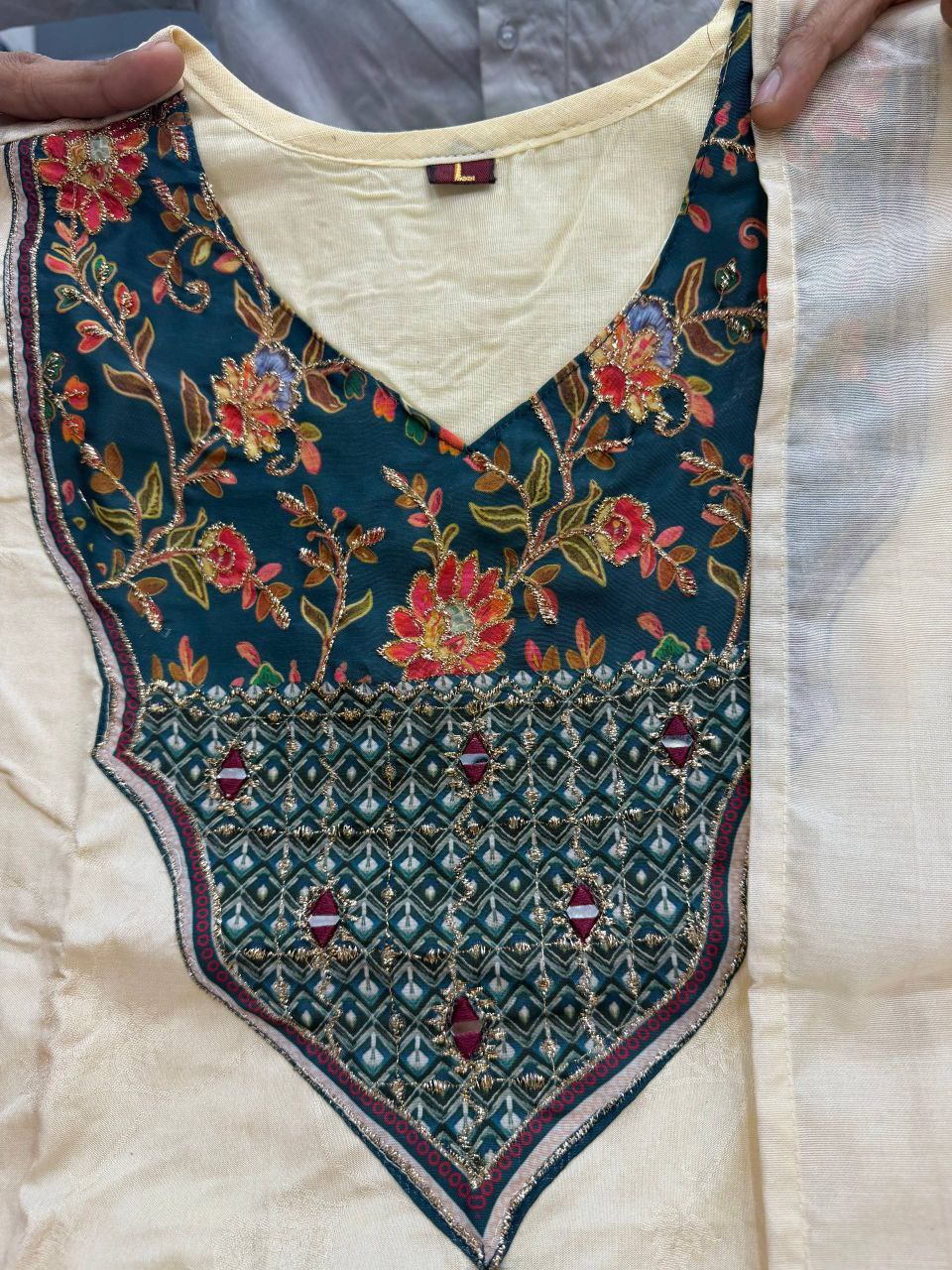 Ivory Pearl Banarasi Silk Set with Emerald Floral Appliqué