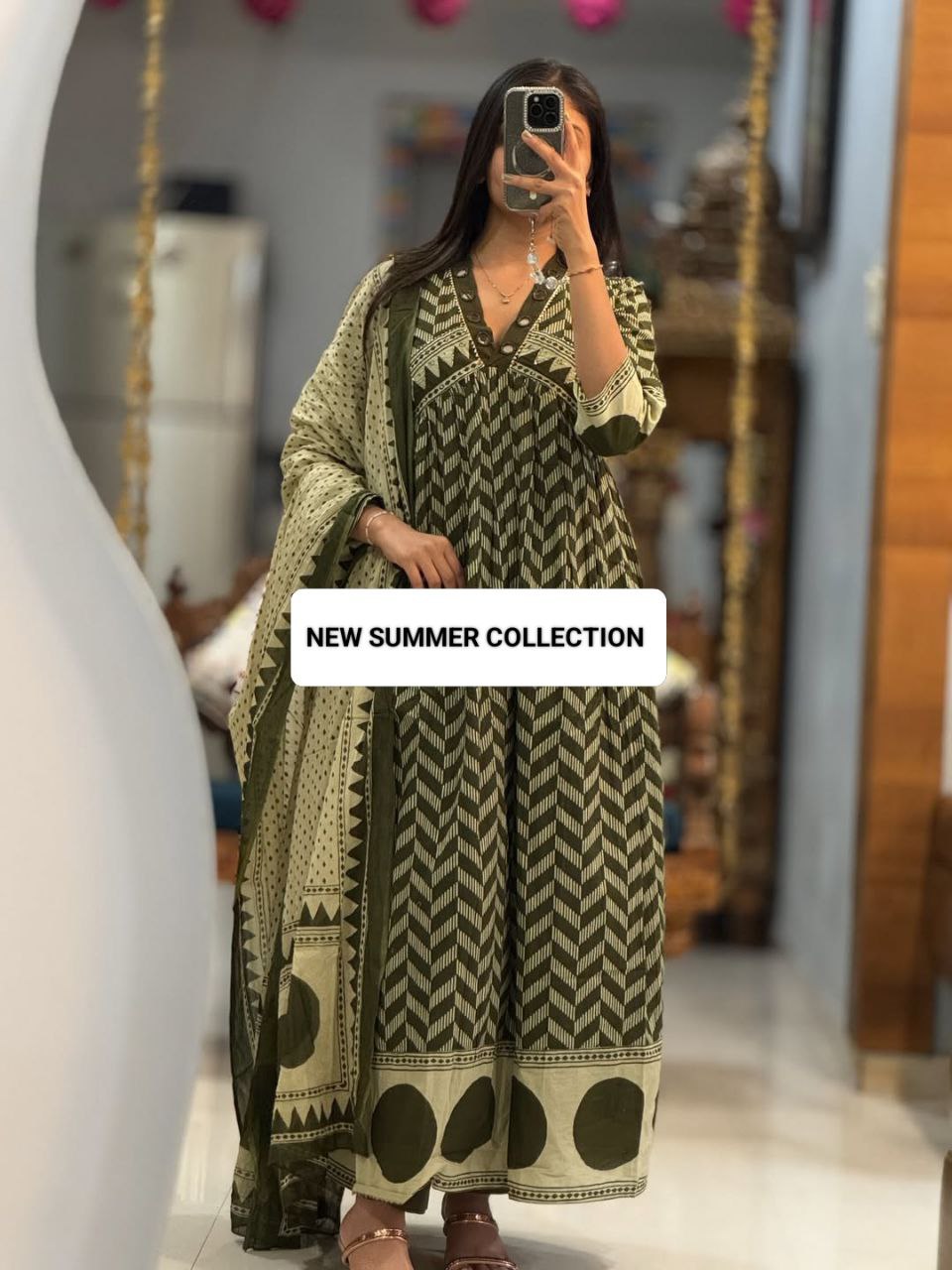 Title: Olive & Ivory Chevron Print Cotton Anarkali Set with Mirror Work