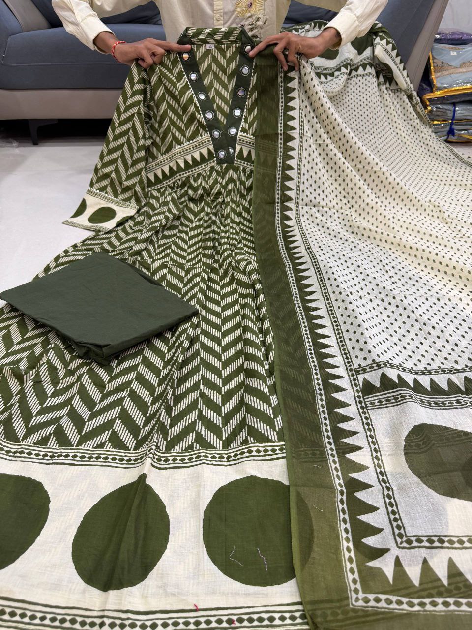 Title: Olive & Ivory Chevron Print Cotton Anarkali Set with Mirror Work