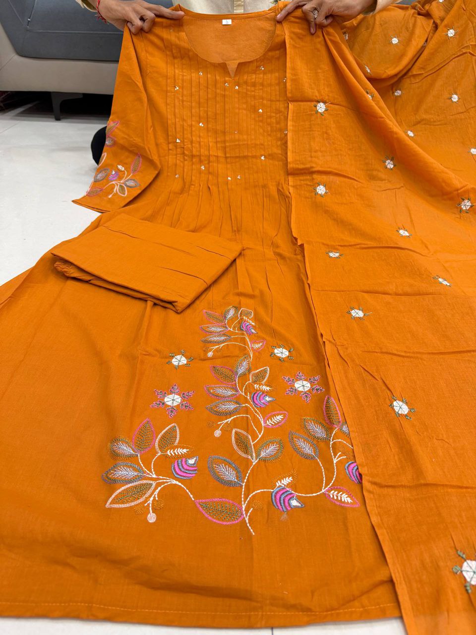 Sunset Rust Pin-Tuck Kurta Set – Pure Cotton Festive Wear