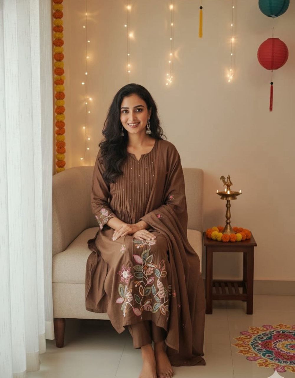Chocolate Brown Cotton Anarkali Set with Pin-Tuck Bodice & Floral Resham