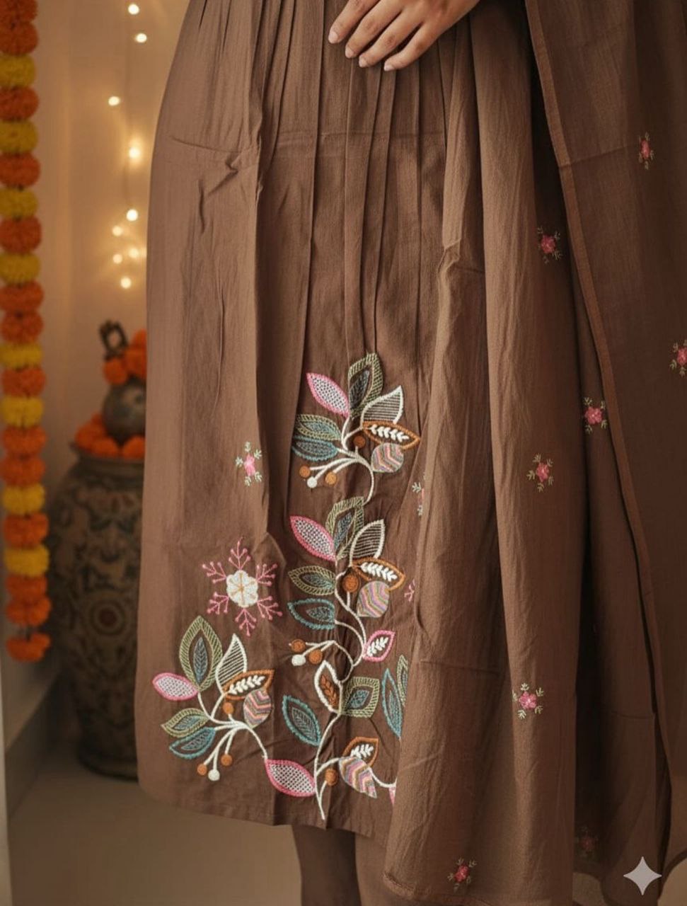 Chocolate Brown Cotton Anarkali Set with Pin-Tuck Bodice & Floral Resham
