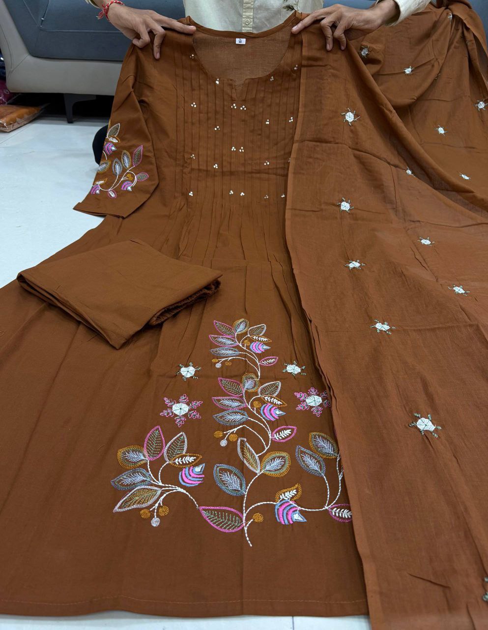 Chocolate Brown Cotton Anarkali Set with Pin-Tuck Bodice & Floral Resham