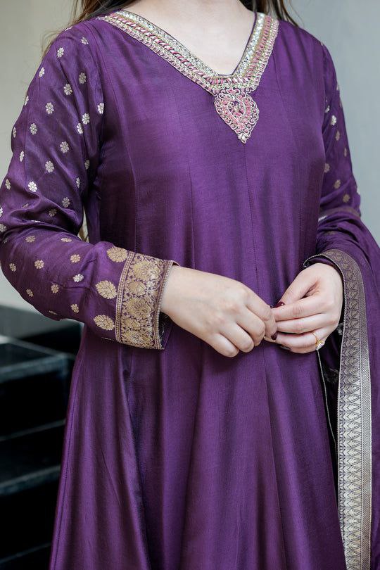 Majestic Wine Banarasi Silk Long Kurta Set with Embellished Neckline