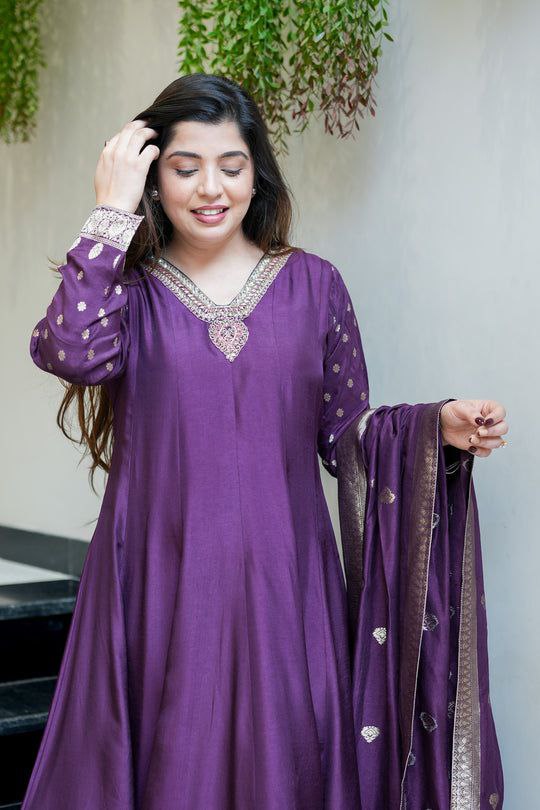 Majestic Wine Banarasi Silk Long Kurta Set with Embellished Neckline