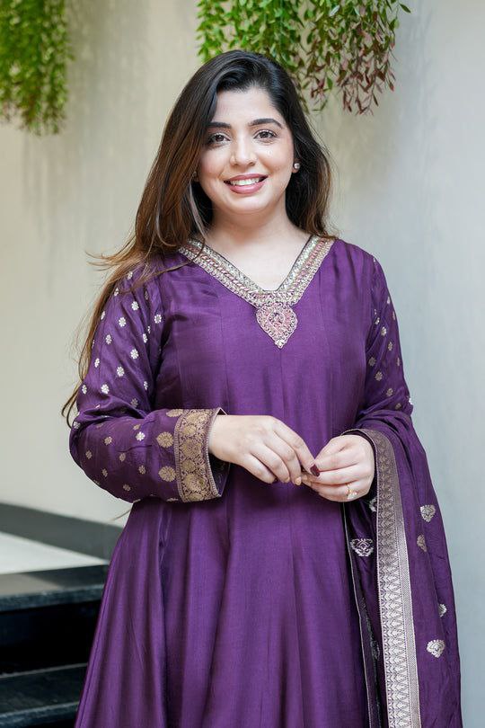 Majestic Wine Banarasi Silk Long Kurta Set with Embellished Neckline