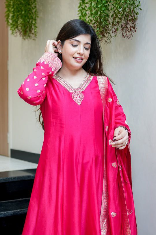 Hot Pink Banarasi Silk Flared Kurta Set – Festive Radiance