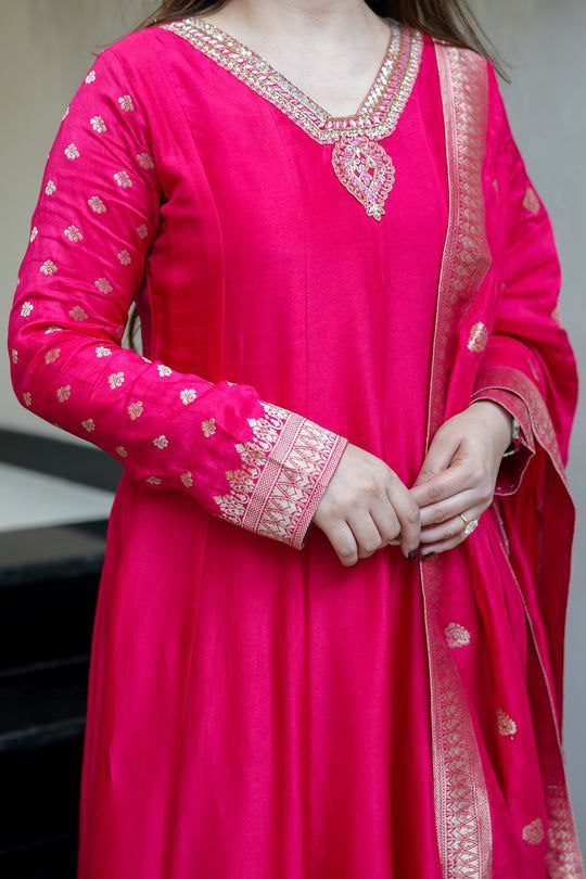 Hot Pink Banarasi Silk Flared Kurta Set – Festive Radiance