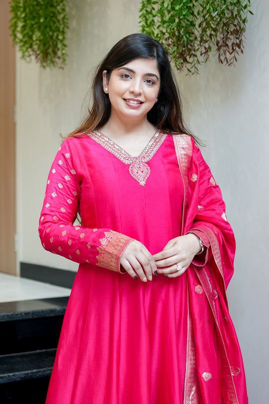 Hot Pink Banarasi Silk Flared Kurta Set – Festive Radiance