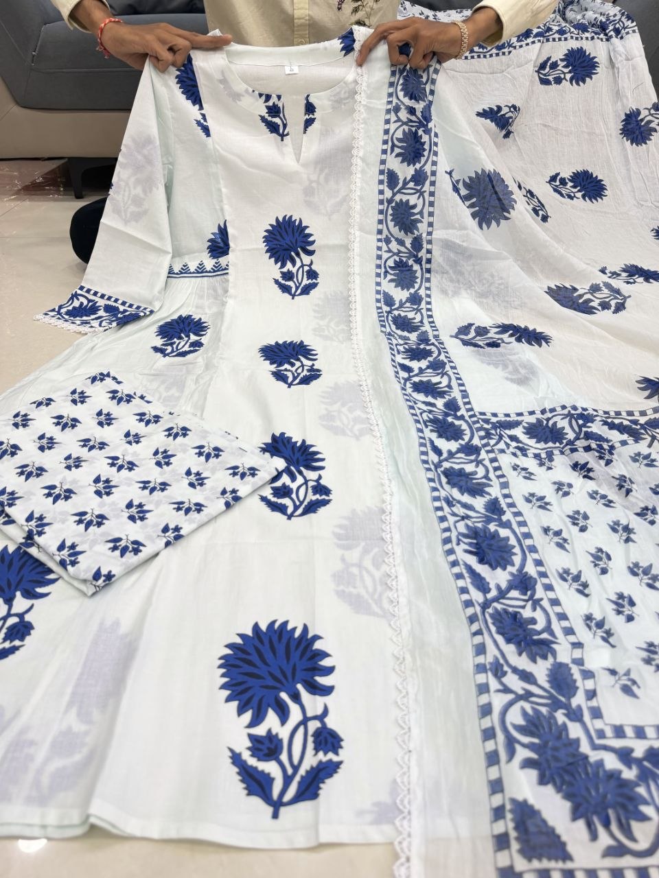 Elegant Blue & White Hand-Block Print Cotton Kurta Set