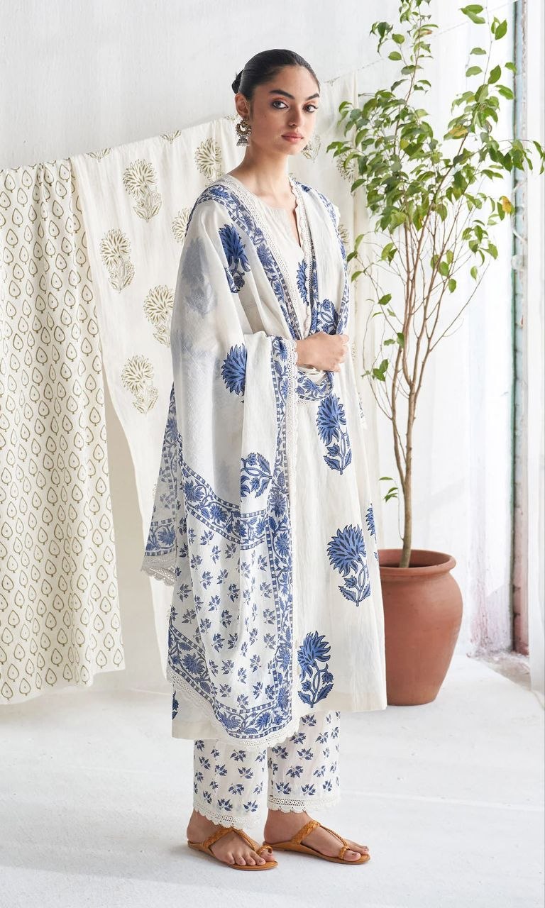 Elegant Blue & White Hand-Block Print Cotton Kurta Set