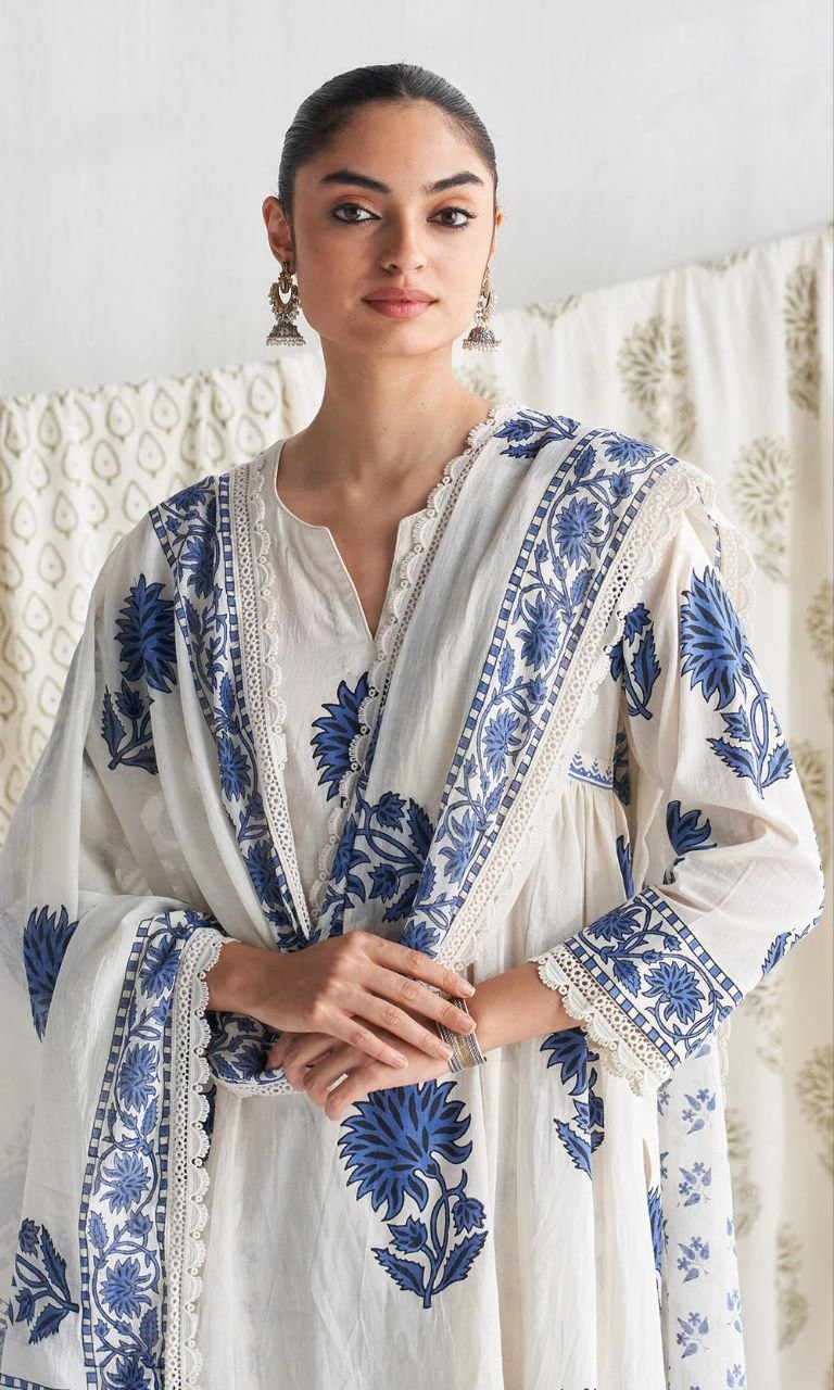 Elegant Blue & White Hand-Block Print Cotton Kurta Set