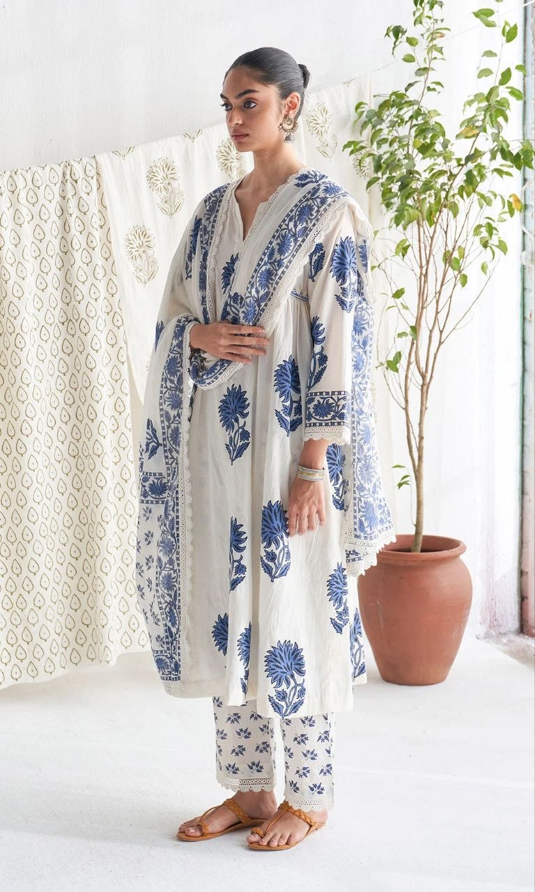 Elegant Blue & White Hand-Block Print Cotton Kurta Set