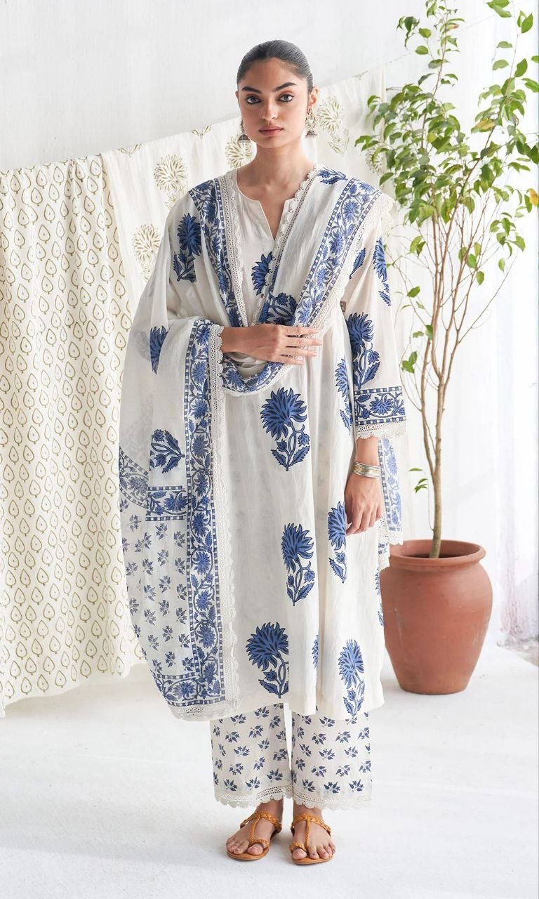 Elegant Blue & White Hand-Block Print Cotton Kurta Set