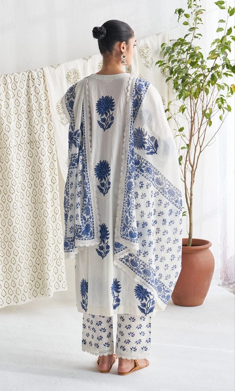 Elegant Blue & White Hand-Block Print Cotton Kurta Set