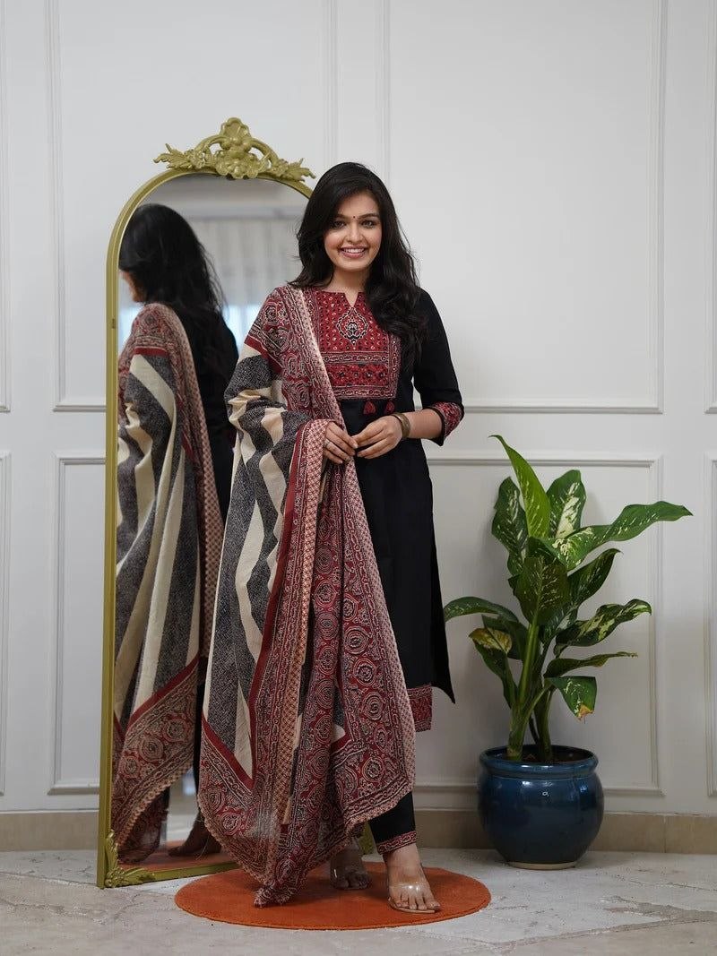 Black Cotton Straight Kurta Set with Ajrakh Print Yoke & Striped Dupatta