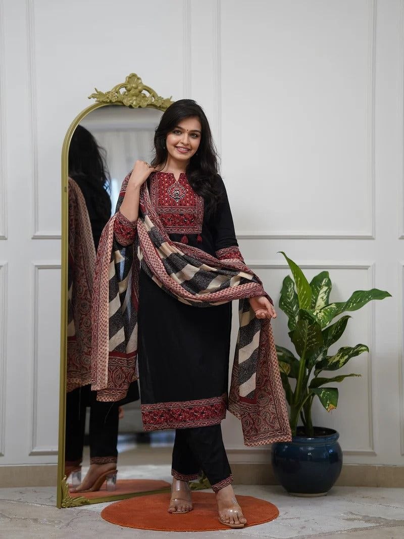 Black Cotton Straight Kurta Set with Ajrakh Print Yoke & Striped Dupatta