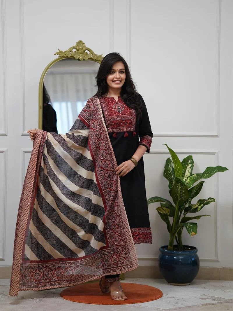 Black Cotton Straight Kurta Set with Ajrakh Print Yoke & Striped Dupatta
