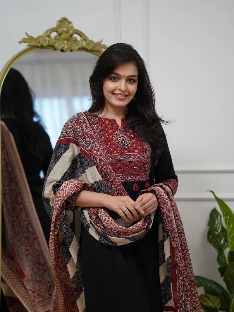 Black Cotton Straight Kurta Set with Ajrakh Print Yoke & Striped Dupatta