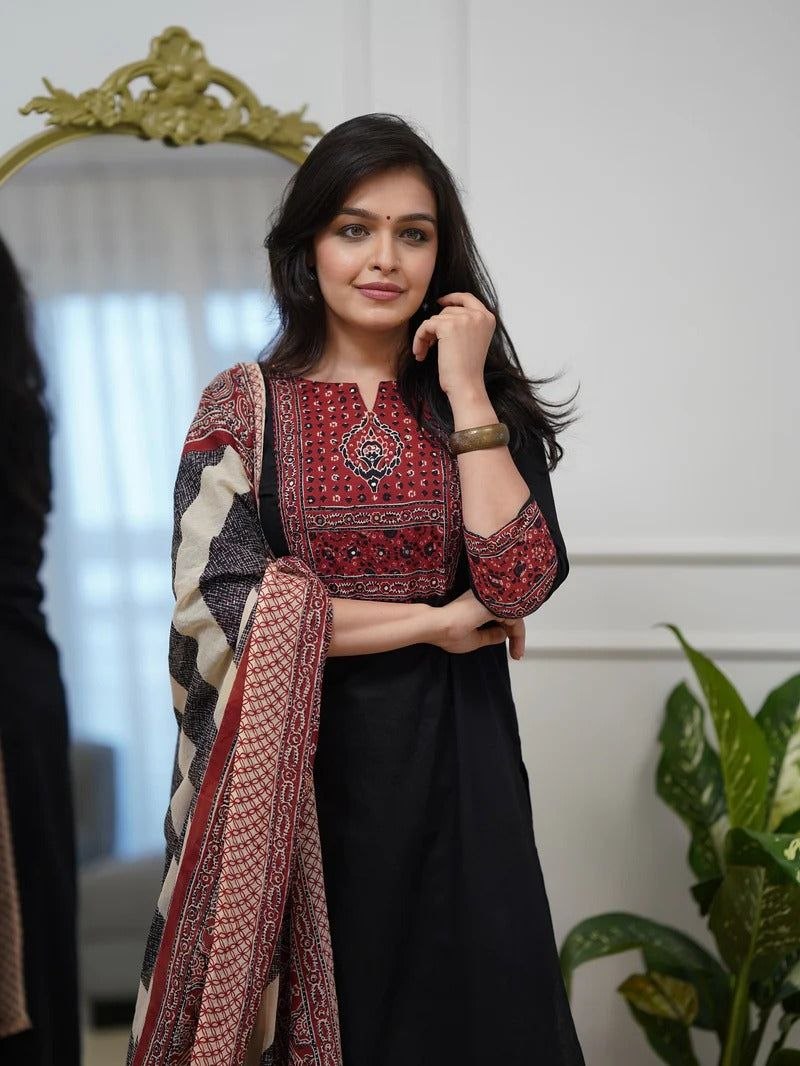 Black Cotton Straight Kurta Set with Ajrakh Print Yoke & Striped Dupatta
