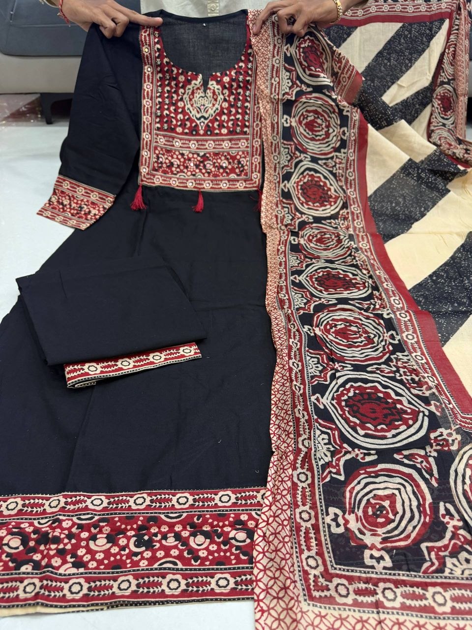 Black Cotton Straight Kurta Set with Ajrakh Print Yoke & Striped Dupatta