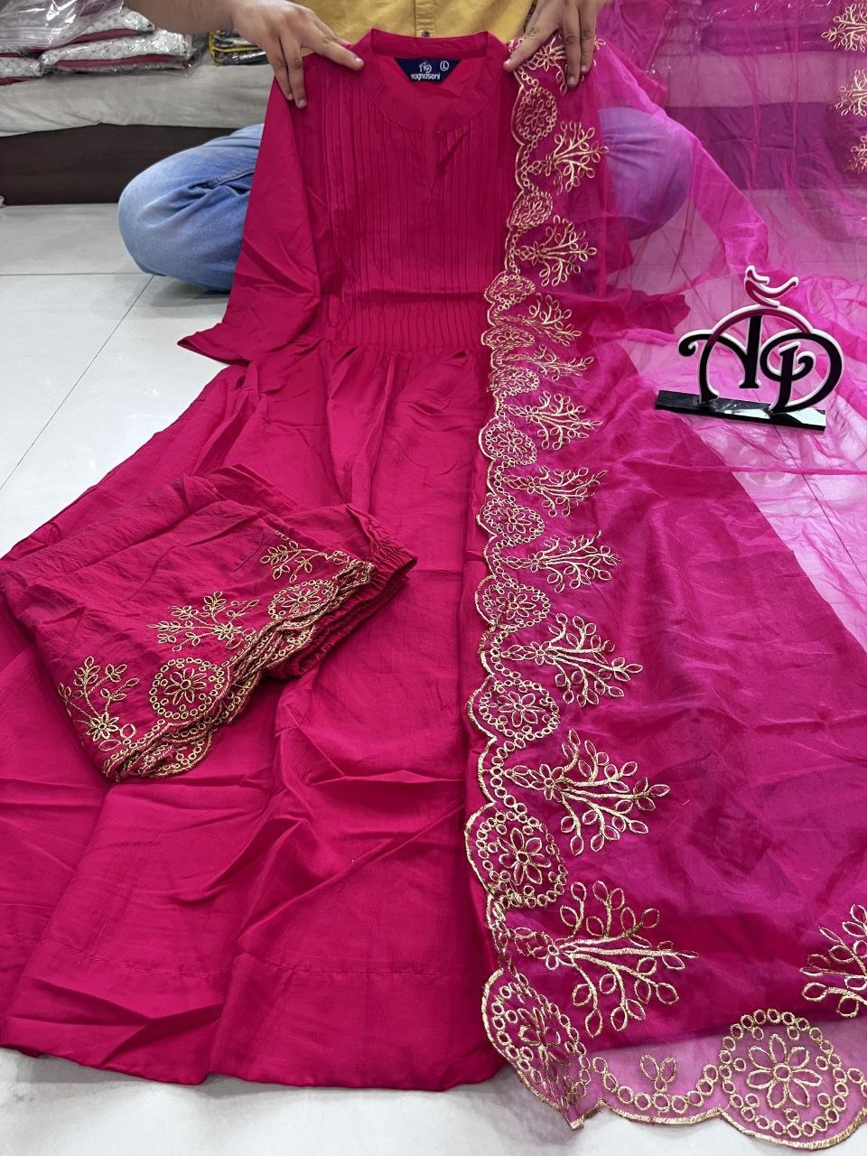 Elegance in Rani Pink Embroidered Cotton & Organza Suit Set