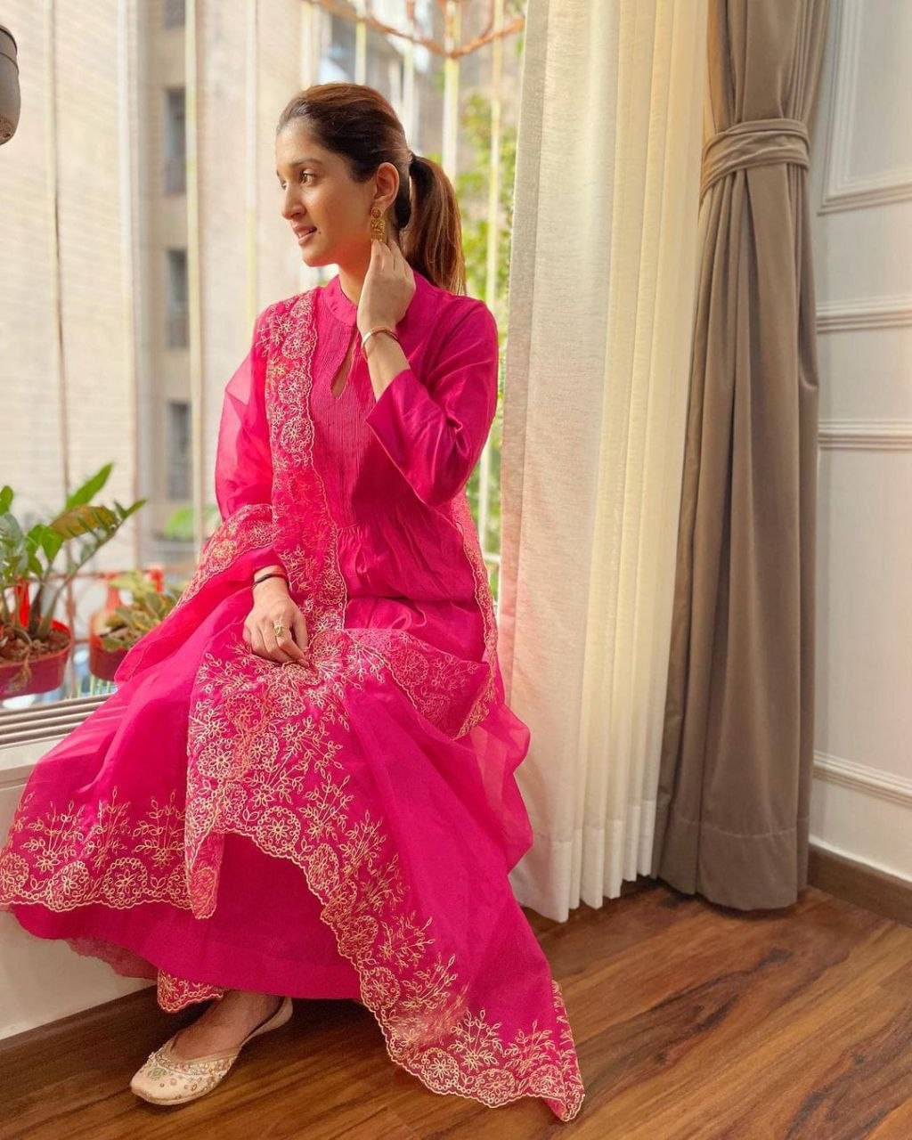 Elegance in Rani Pink Embroidered Cotton & Organza Suit Set