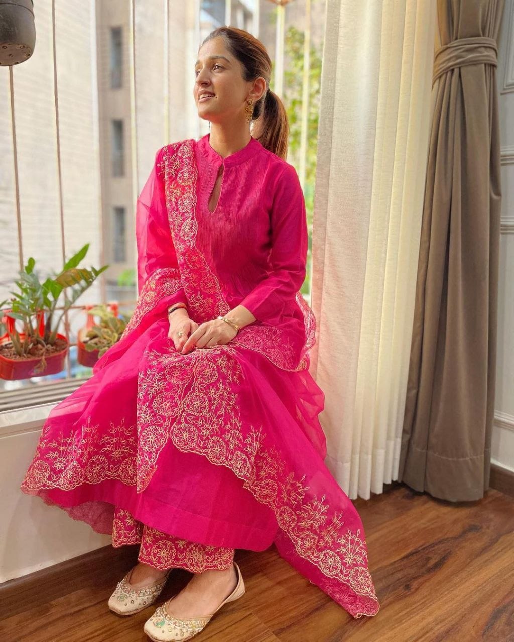 Elegance in Rani Pink Embroidered Cotton & Organza Suit Set