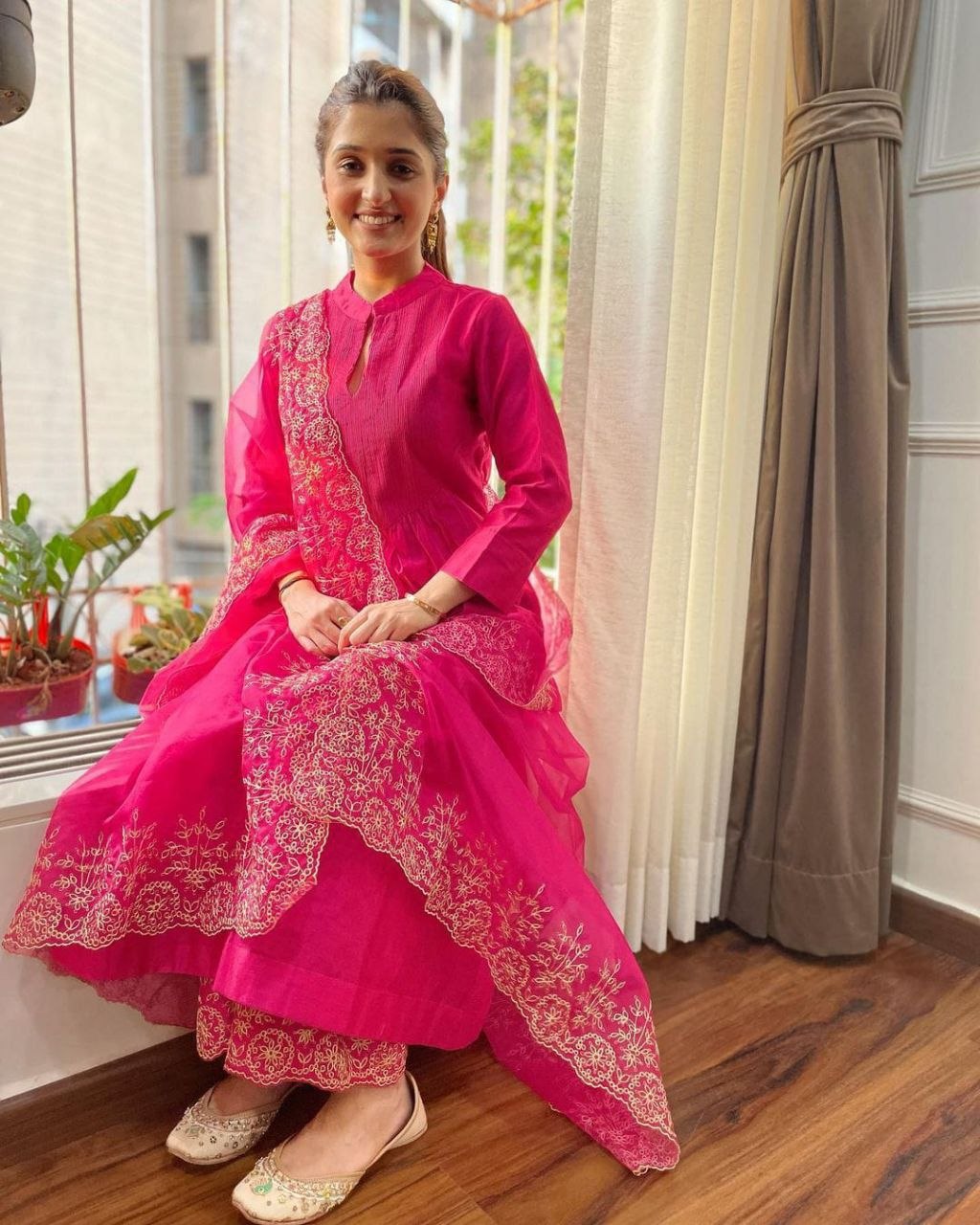 Elegance in Rani Pink Embroidered Cotton & Organza Suit Set