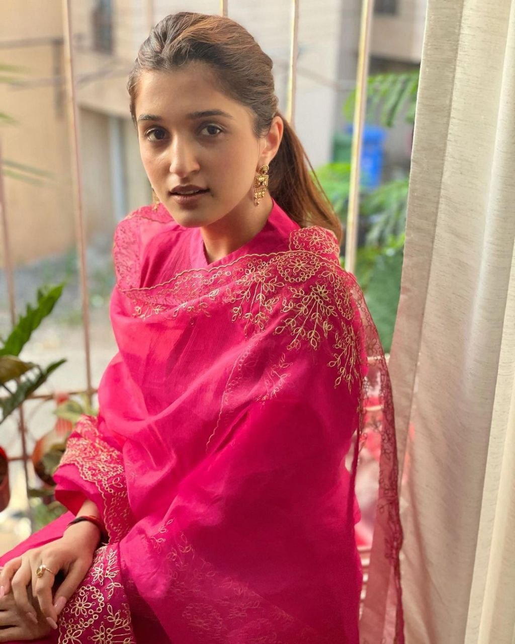 Elegance in Rani Pink Embroidered Cotton & Organza Suit Set