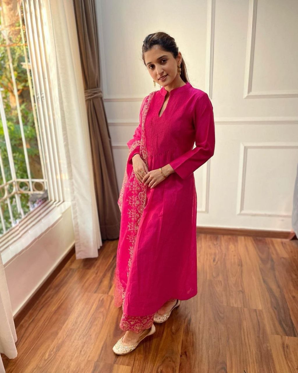 Elegance in Rani Pink Embroidered Cotton & Organza Suit Set