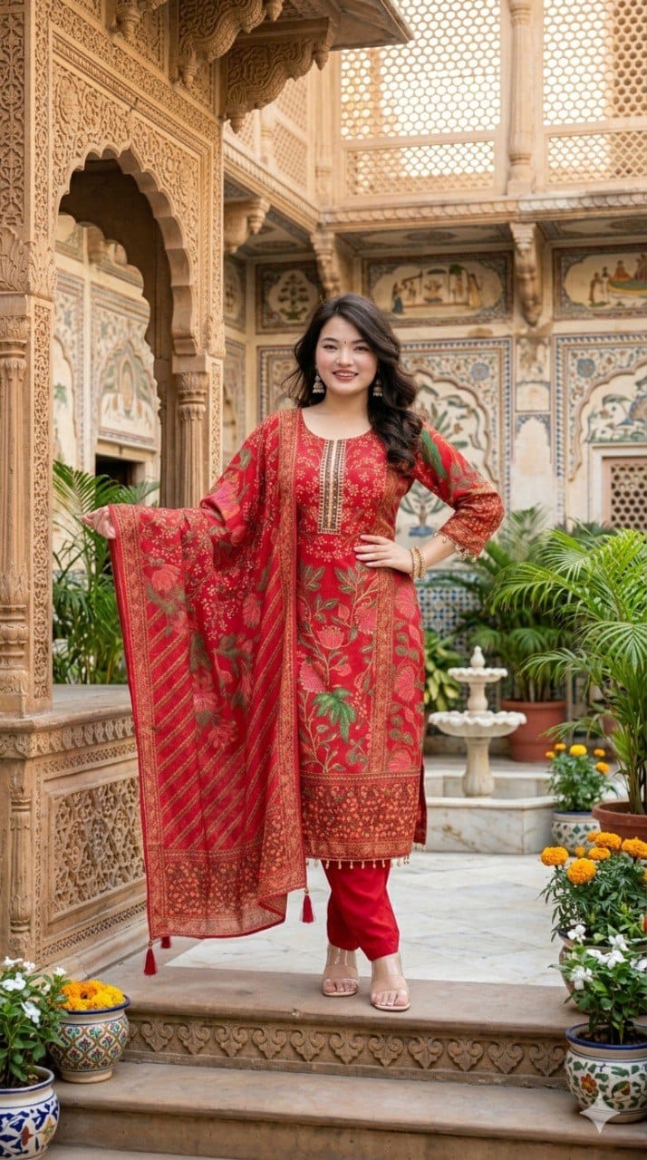 Crimson Heritage Muslin Kurta Set with Intricate Floral Prints & Tassel Dupatta