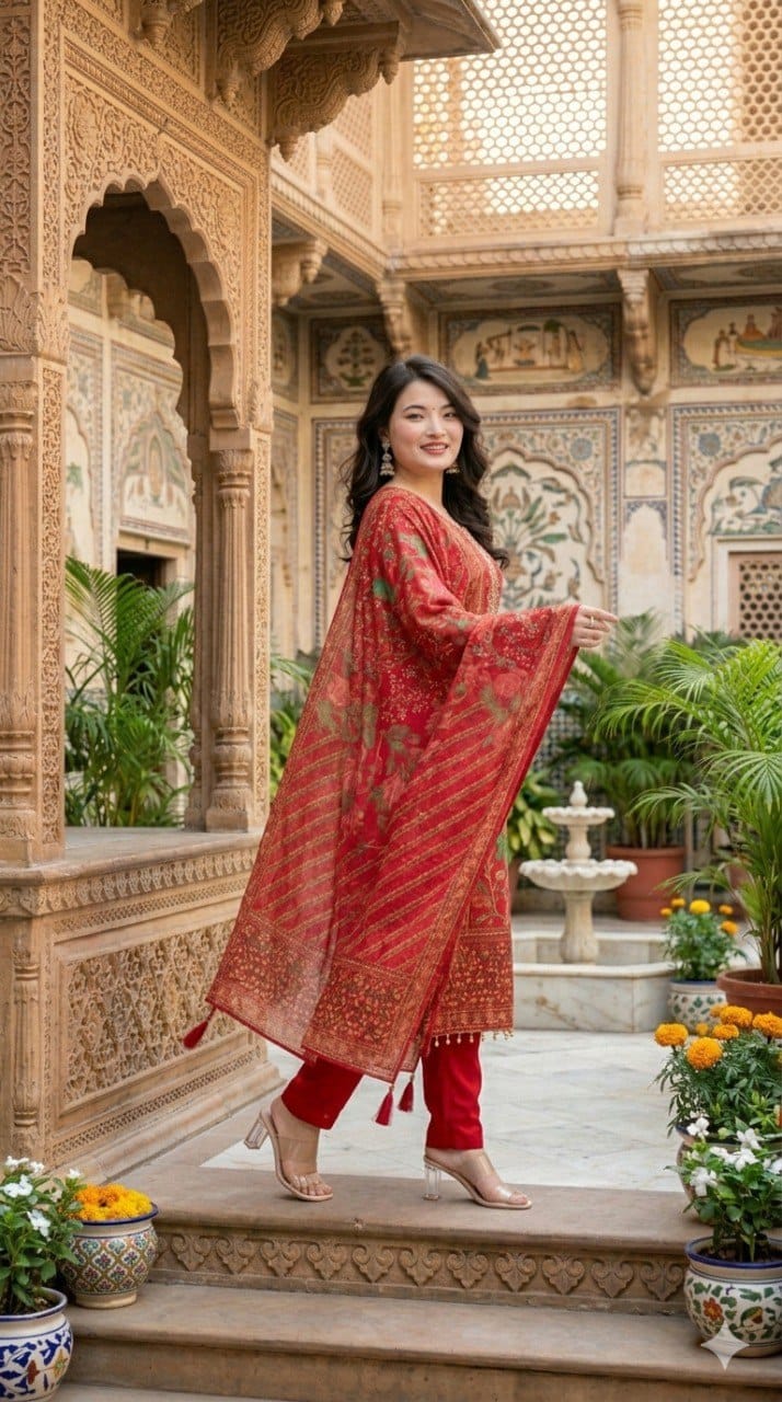 Crimson Heritage Muslin Kurta Set with Intricate Floral Prints & Tassel Dupatta