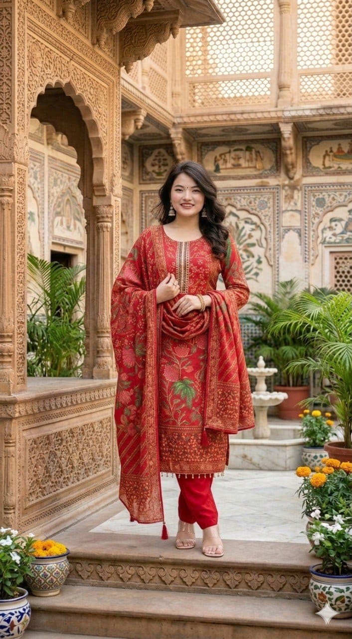 Crimson Heritage Muslin Kurta Set with Intricate Floral Prints & Tassel Dupatta