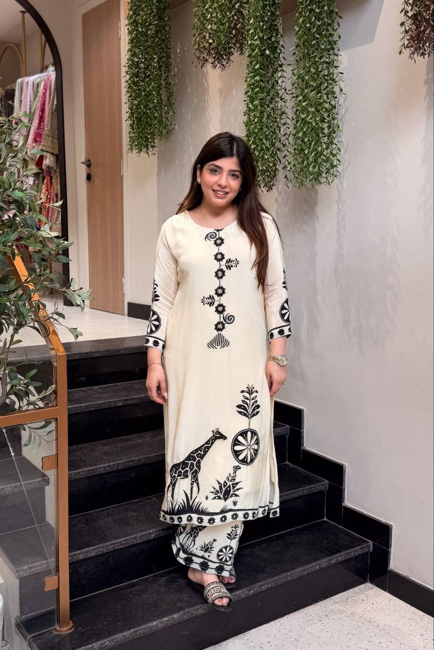 Ivory Mulberry Silk Safari-Motif Co-ord