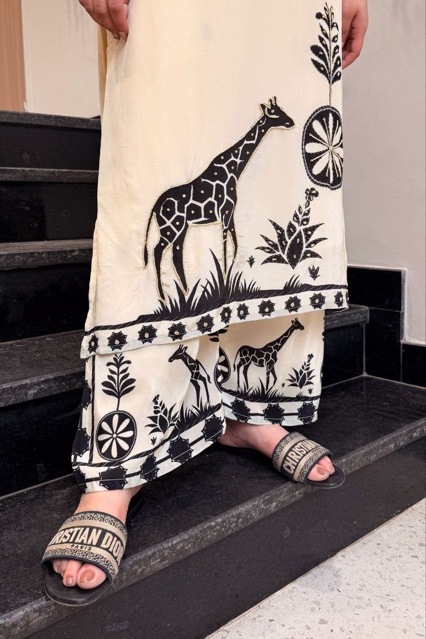 Ivory Mulberry Silk Safari-Motif Co-ord