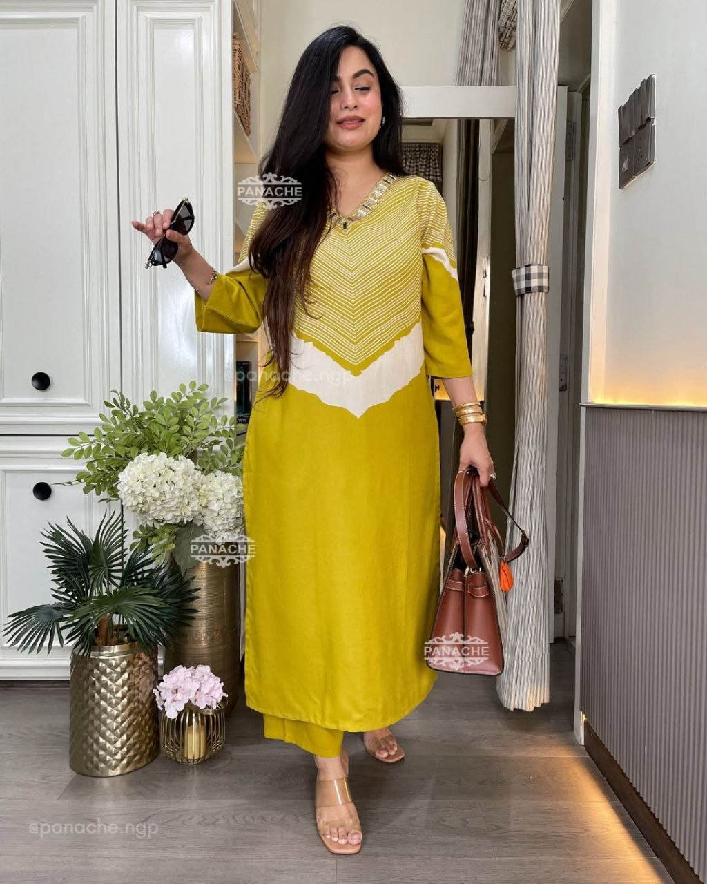 Mustard Pure Cotton Slub Chevron & Gota-Patti Co-ord Set