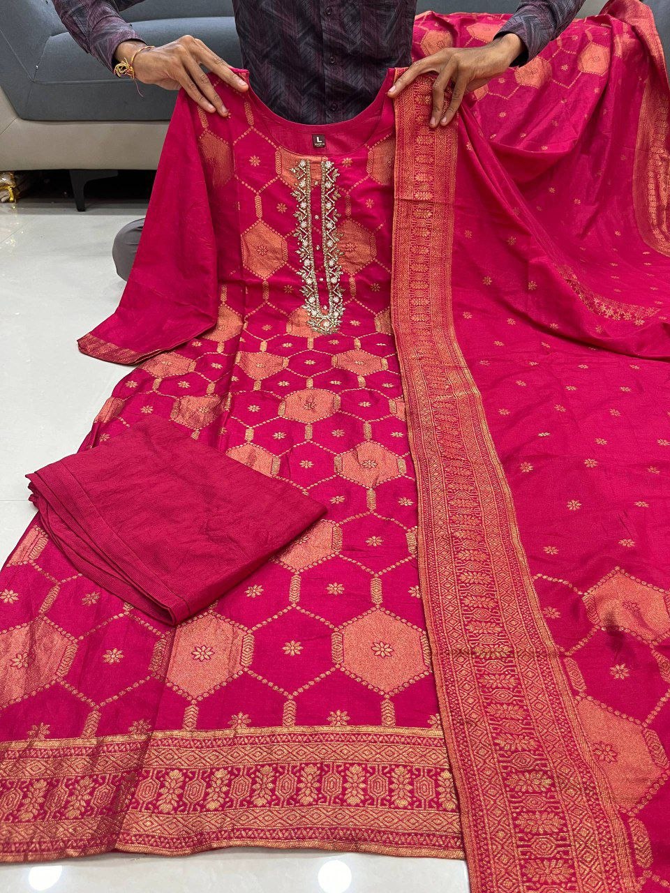 Pink Cotton Embroidered A-Line Suit Set