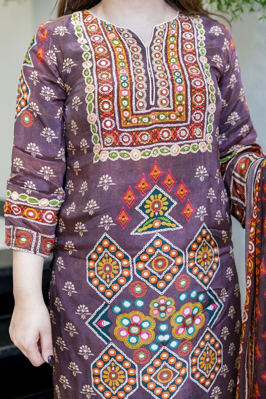 Bohemian Elegance Mauve Embroidered Pure Burbary Silk Salwar Suit Set