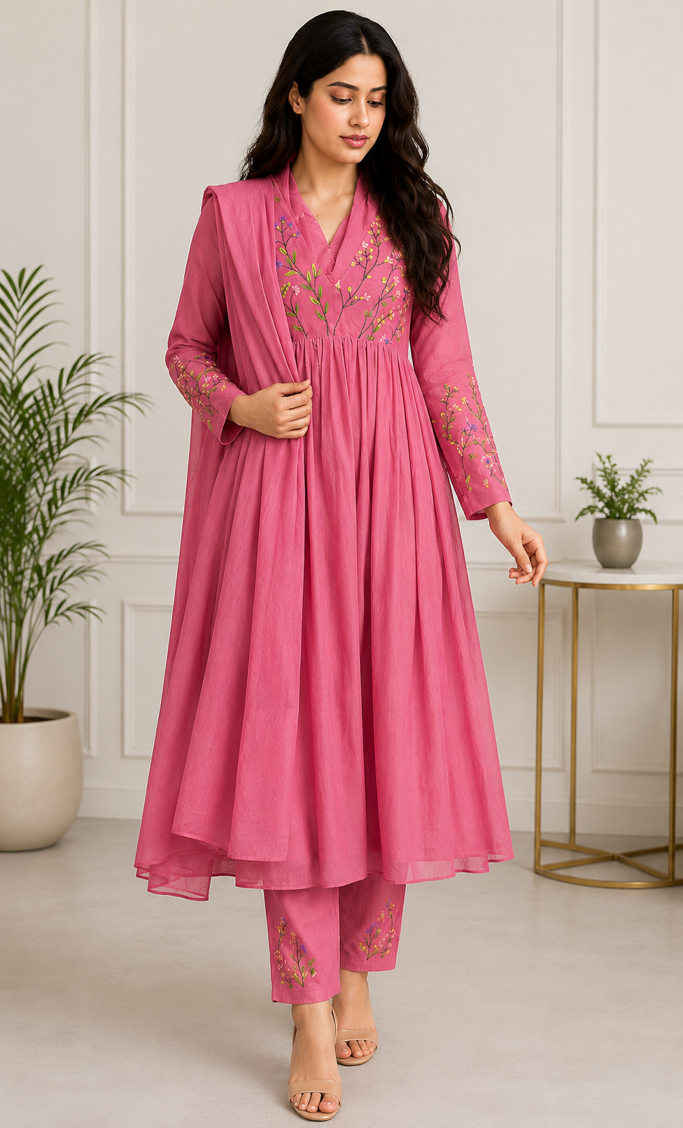 Rani Pink Pure Banarasi Mul Chanderi Suit Set with Hand Embroidery Neck Work