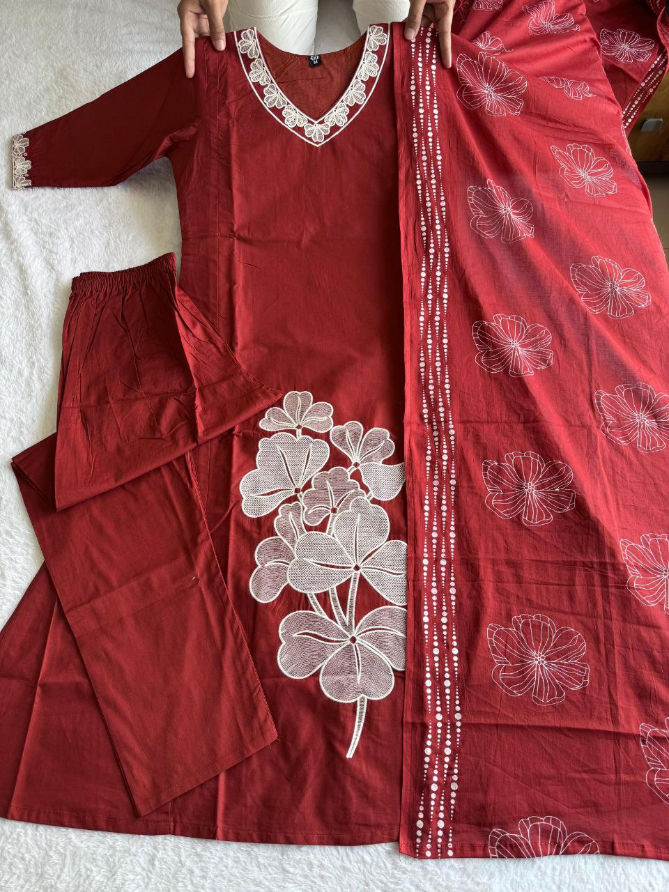 Earthy Red Cotton Set with Statement V-Neck Lace & Botanical Work