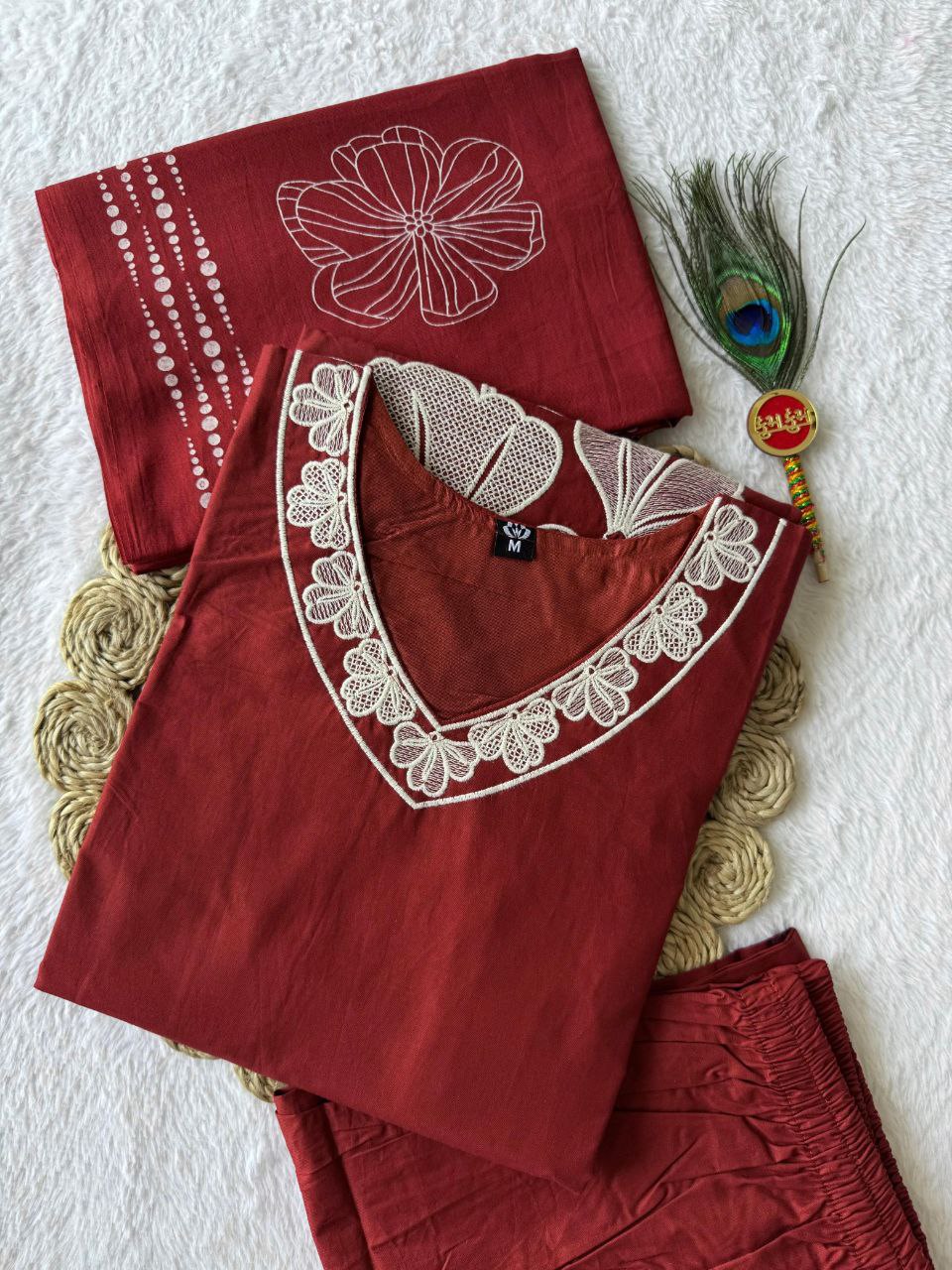 Earthy Red Cotton Set with Statement V-Neck Lace & Botanical Work