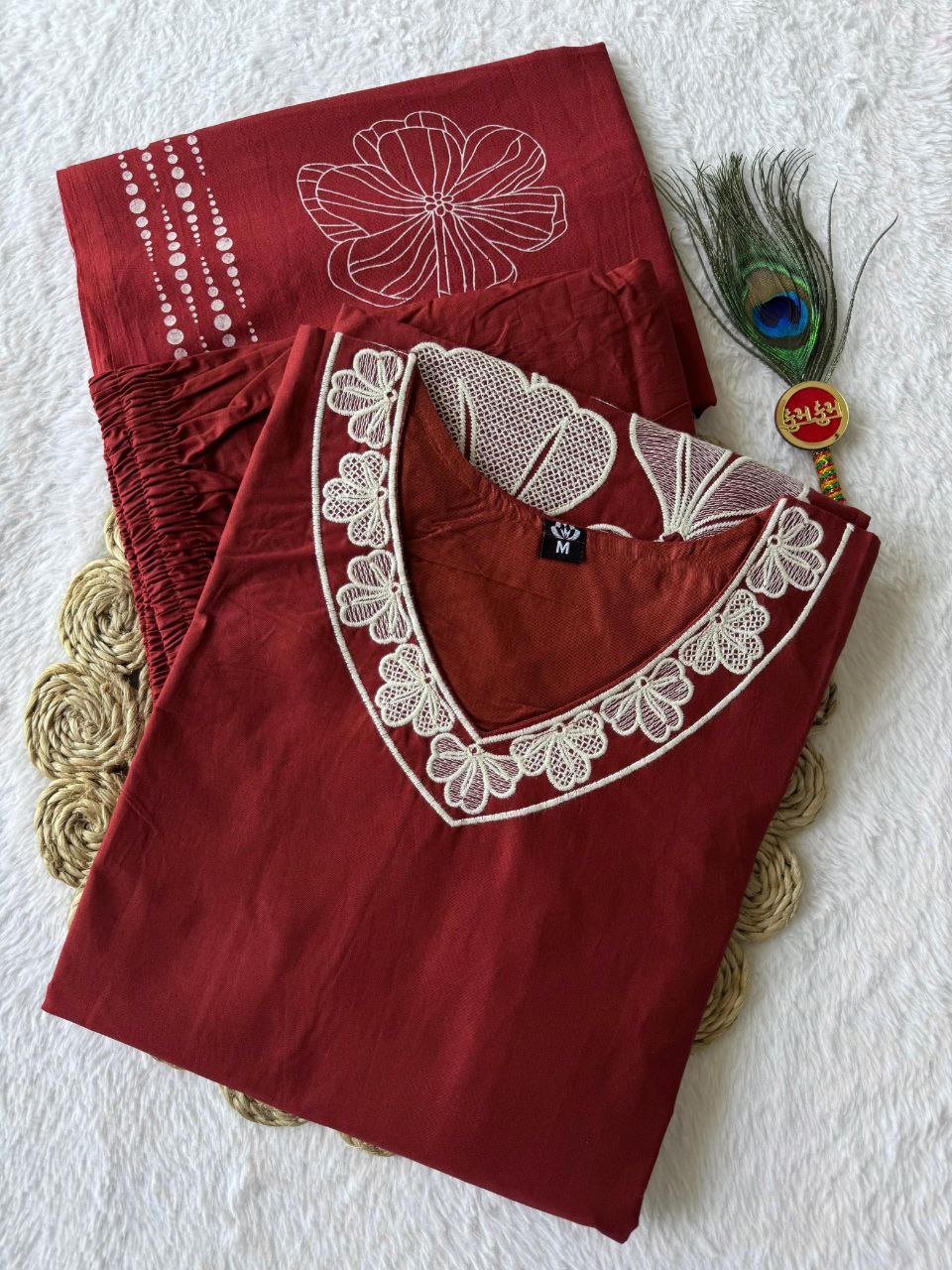 Earthy Red Cotton Set with Statement V-Neck Lace & Botanical Work