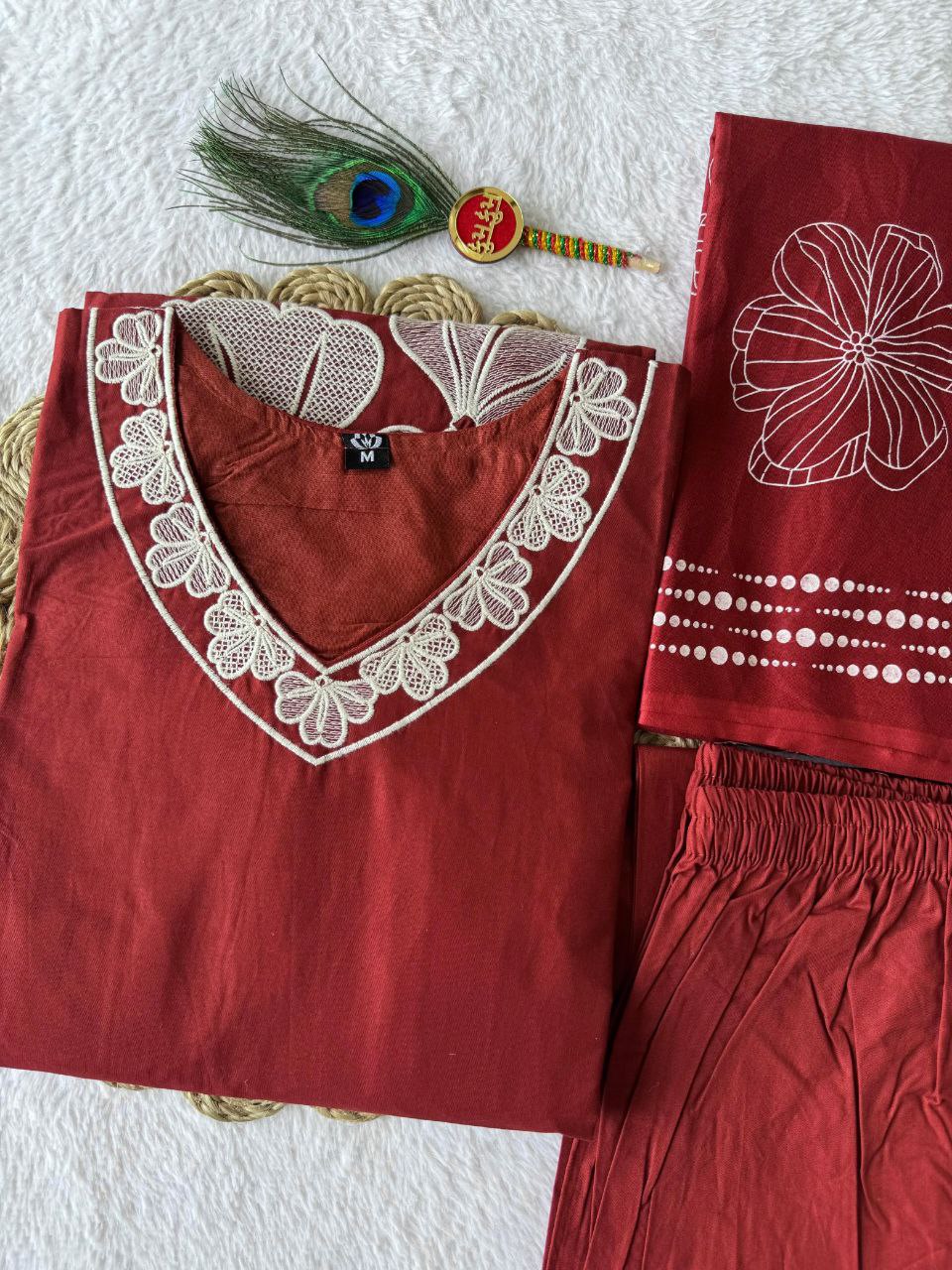Earthy Red Cotton Set with Statement V-Neck Lace & Botanical Work