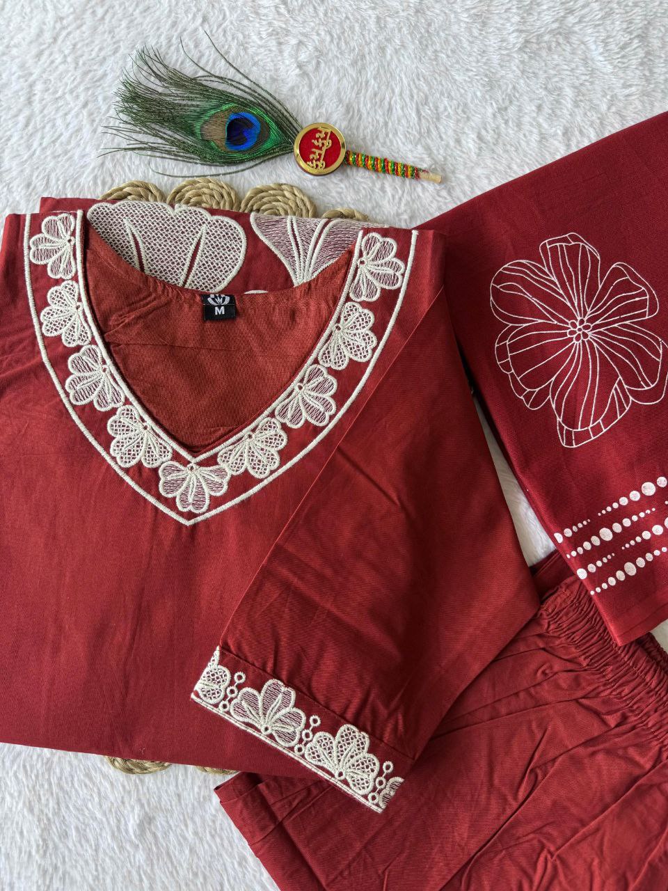 Earthy Red Cotton Set with Statement V-Neck Lace & Botanical Work