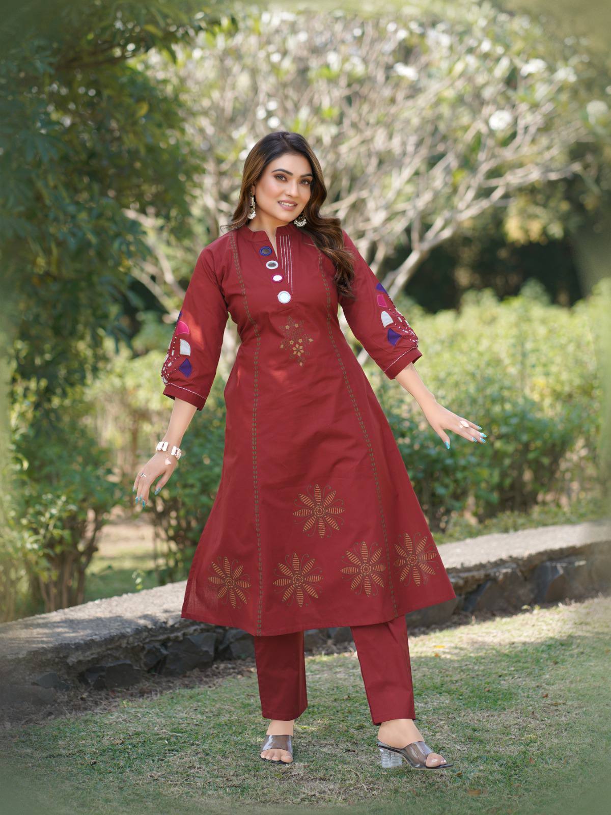 Maroon Embroidered Cotton Fusion Kurta Set with Mirror Work