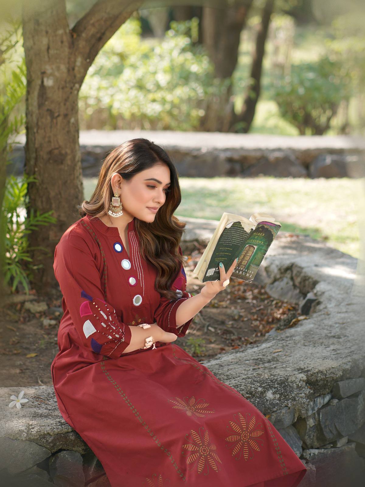 Maroon Embroidered Cotton Fusion Kurta Set with Mirror Work