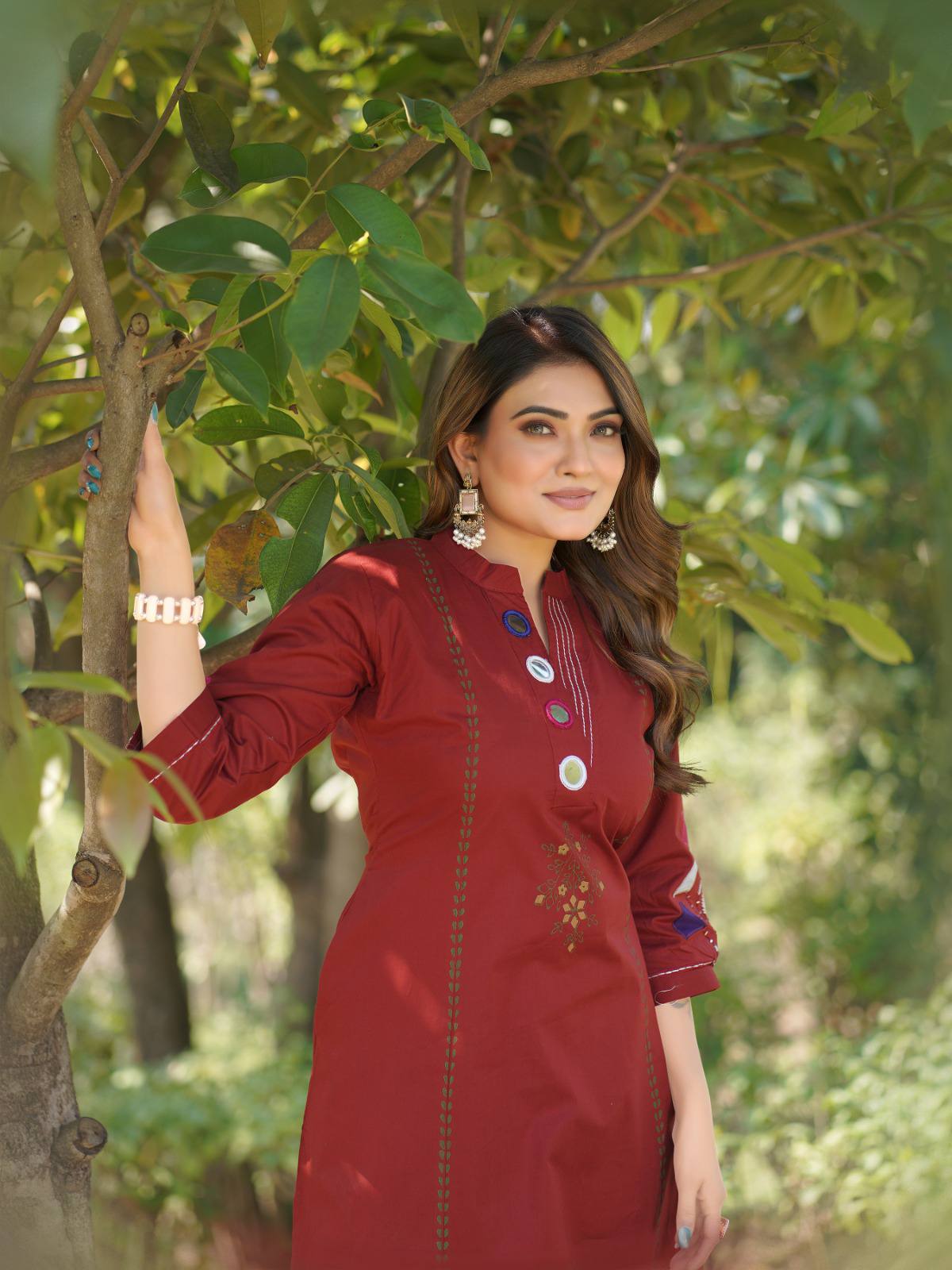 Maroon Embroidered Cotton Fusion Kurta Set with Mirror Work