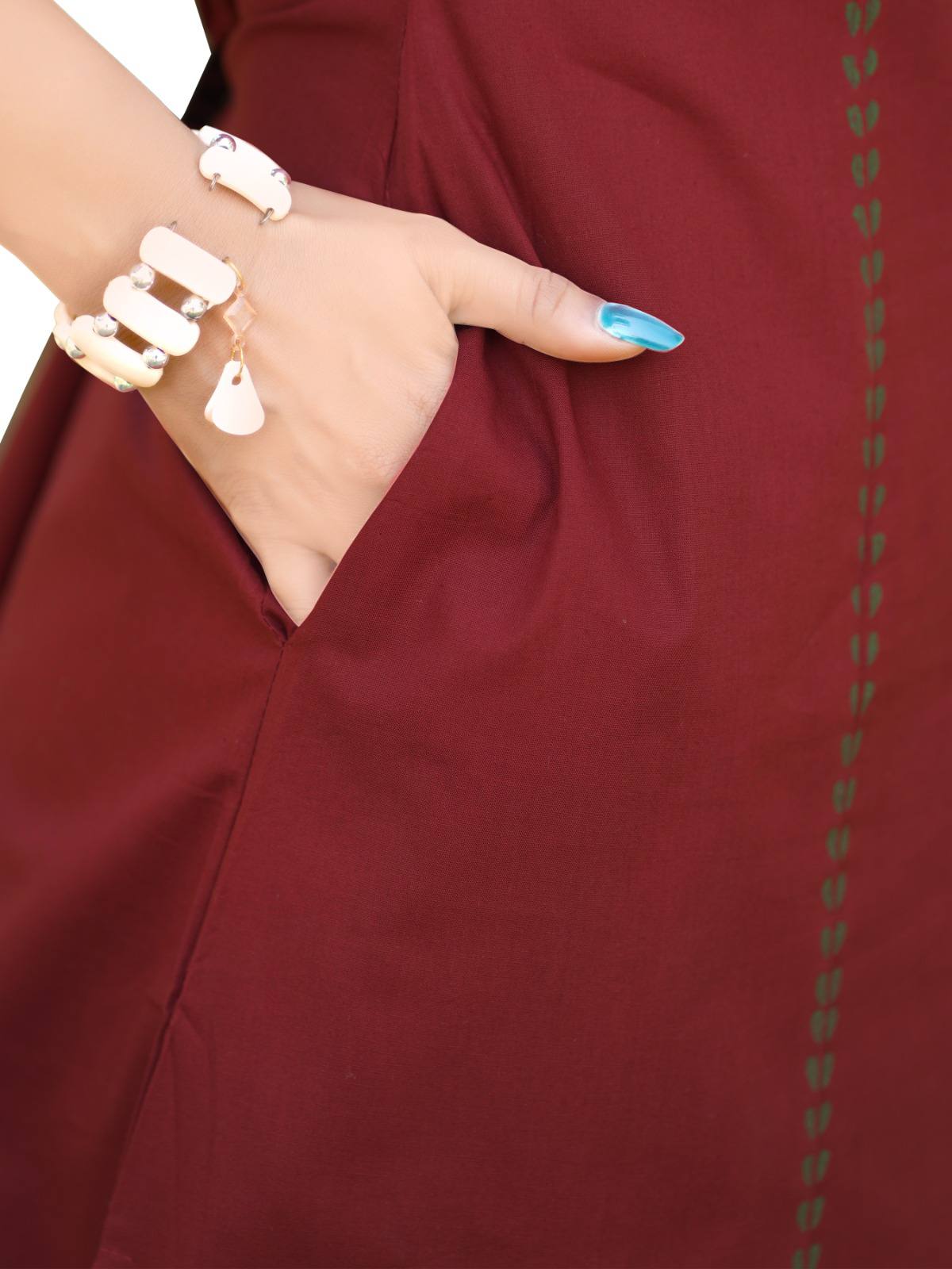 Maroon Embroidered Cotton Fusion Kurta Set with Mirror Work